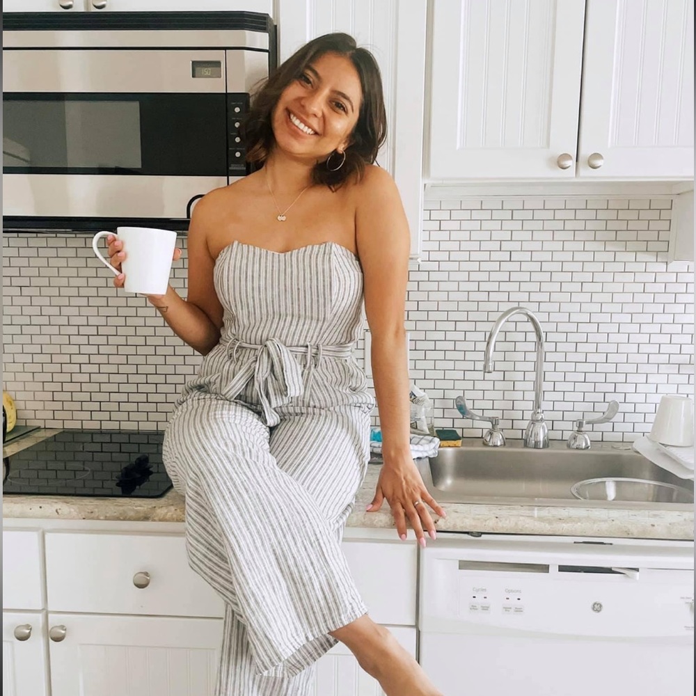 American Eagle Strapless Striped Jumpsuit